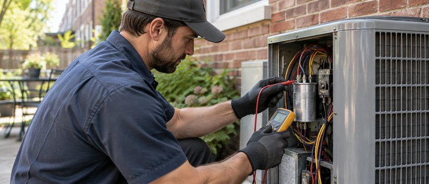 Seasonal HVAC inspection in progress on residential equipment
