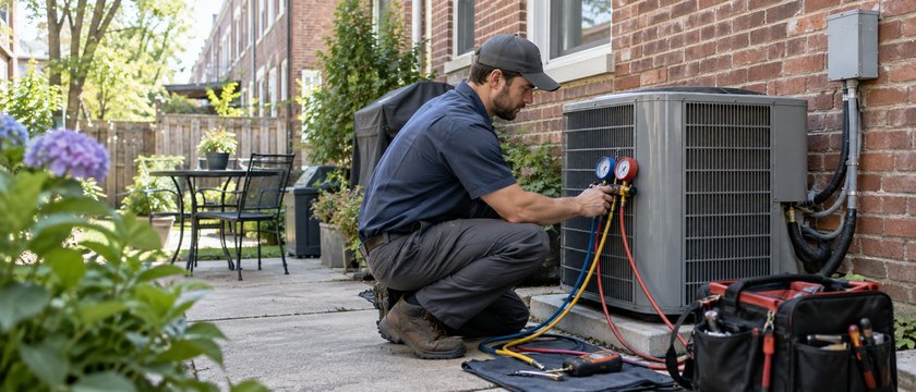 HVAC technician cleaning a condenser coil during a seasonal maintenance visit