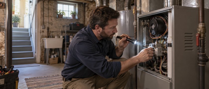 HVAC technician diagnosing a component before recommending repair or replacement
